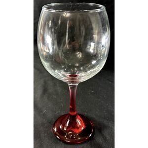 Hand Blown Wine Glass Ruby Red Stem Clear Bowl 8.25” Vintage Goblet